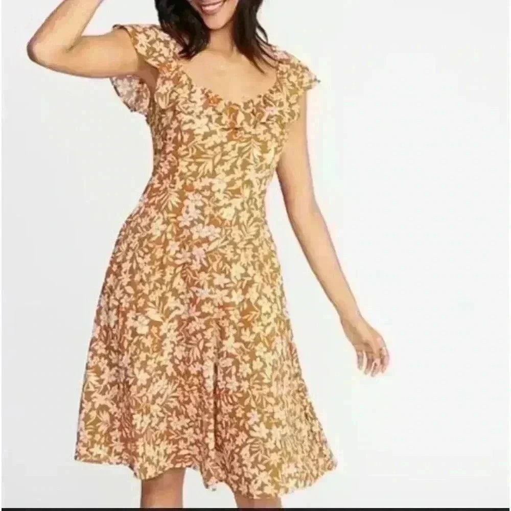 OLD NAVY | Woman's Cami Yellow Cream Floral Flare Ruffle Trim Mini Dress, XS